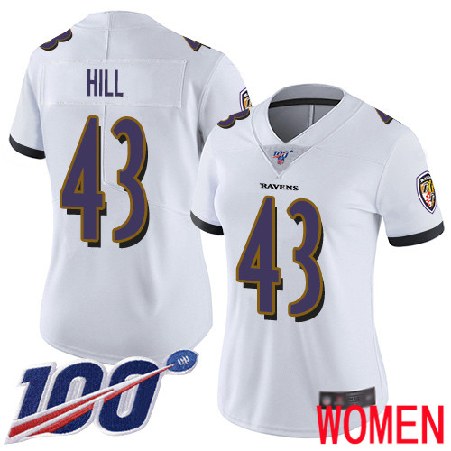 Baltimore Ravens Limited White Women Justice Hill Road Jersey NFL Football #43 100th Season Vapor Untouchable